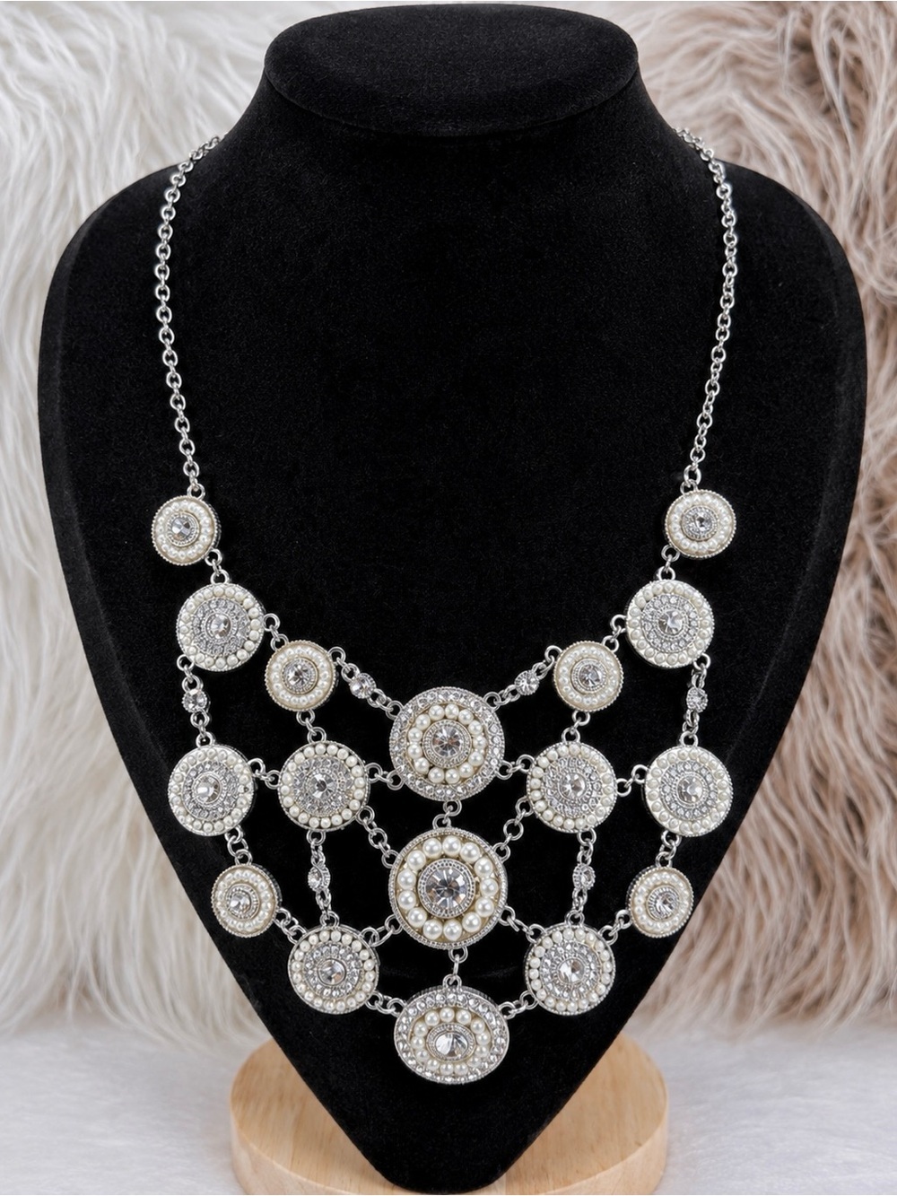 Elegant Silvertone bling bib statement, necklace